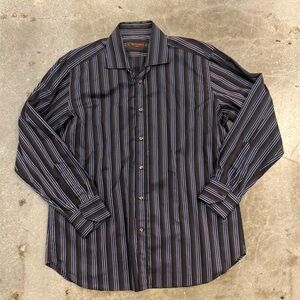 ETRO MENS STRIPED BUTTON DOWN DRESS SHIRT, SIZE EU 42, BROWN/ PURPLE